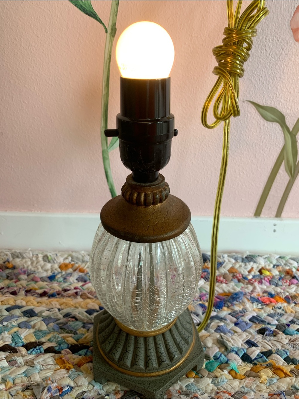 Petite 11”H Vintage Crackle Glass and Metal Table Lamp (no shade)